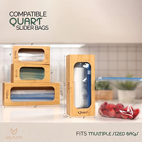 Wolfline Ziplock Bag kitchen drawer organizer, Bamboo plastic bag holder, Premium food storage bag organizer for gallon quart sandwich and snack, Bigger box size for quart slider bags, Silicone grip pad, 4pcs bamboo drawer organizer