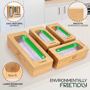 Wolfline Ziplock Bag kitchen drawer organizer, Bamboo plastic bag holder, Premium food storage bag organizer for gallon quart sandwich and snack, Bigger box size for quart slider bags, Silicone grip pad, 4pcs bamboo drawer organizer