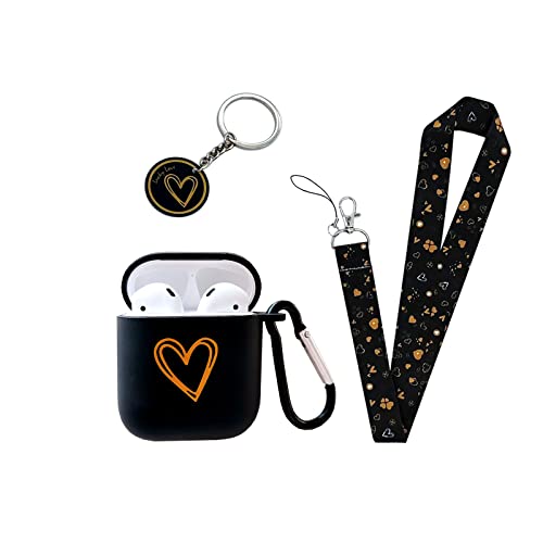 HZDYDYP Exquisite Cute Romantic Gold Heart Design Elements Soft TPU Airpods 1/2 Case，with Lucky Heart-Shaped Lanyard Keychain，Suitable Fashion Women Girl Airpods Case- Black