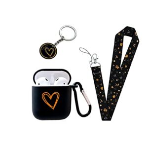 hzdydyp exquisite cute romantic gold heart design elements soft tpu airpods 1/2 case，with lucky heart-shaped lanyard keychain，suitable fashion women girl airpods case- black