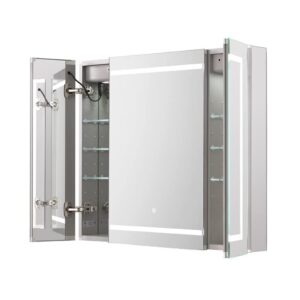 AQUADOM Royale Plus LED Medicine Mirror Cabinet 36in x 30in x 5in 3 Doors, Recessed Surface Mounted, Defogger, LED 3X Makeup Mirror, Electrical Outlets, Interior LED Light