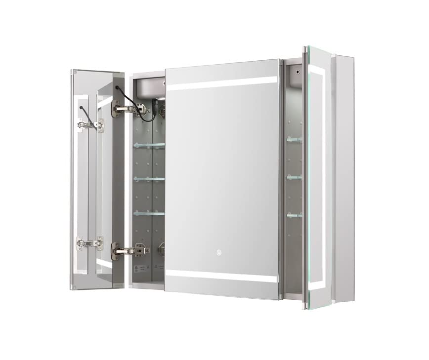 AQUADOM Royale Plus LED Medicine Mirror Cabinet 36in x 30in x 5in 3 Doors, Recessed Surface Mounted, Defogger, LED 3X Makeup Mirror, Electrical Outlets, Interior LED Light