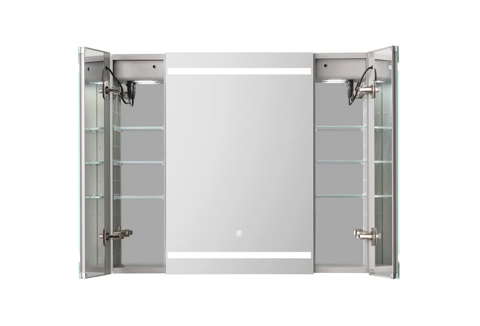 AQUADOM Royale Plus LED Medicine Mirror Cabinet 36in x 30in x 5in 3 Doors, Recessed Surface Mounted, Defogger, LED 3X Makeup Mirror, Electrical Outlets, Interior LED Light