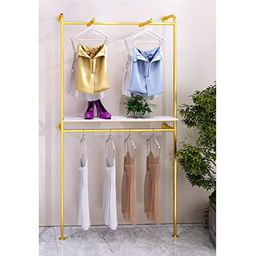 MDEPYCO Modern Simple Square Tube Double Hanging Rods Clothing Rack,Retail Display Wall Mounted Storage Clothes Hanging Shelf,2 Tier Metal Garment Rack (39" L, Gold with Wood)