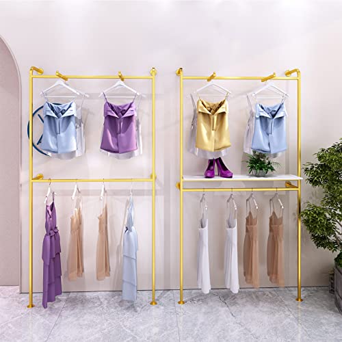 MDEPYCO Modern Simple Square Tube Double Hanging Rods Clothing Rack,Retail Display Wall Mounted Storage Clothes Hanging Shelf,2 Tier Metal Garment Rack (39" L, Gold with Wood)