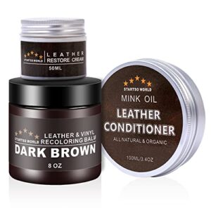 leather recoloring balm - mink oil - leather filler, dark brown leather repair kit for restoration furniture, couches, sofa, leather restore kit for leather worn out, color fading, scratches