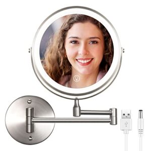 rechargeable lighted wall mounted makeup mirror 8 inch 1x 10x magnifying double sided, touch dimmable 3 color led lights vanity mirror, extendable 360° swivel bathroom mirror, brushed nickel