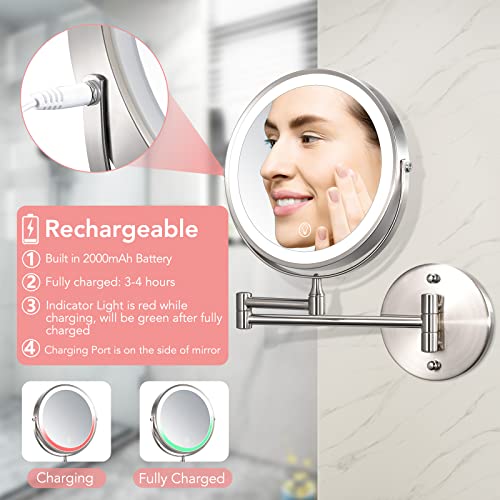 Rechargeable Lighted Wall Mounted Makeup Mirror 8 Inch 1X 10X Magnifying Double Sided, Touch Dimmable 3 Color LED Lights Vanity Mirror, Extendable 360° Swivel Bathroom Mirror, Brushed Nickel