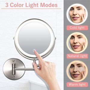 Rechargeable Lighted Wall Mounted Makeup Mirror 8 Inch 1X 10X Magnifying Double Sided, Touch Dimmable 3 Color LED Lights Vanity Mirror, Extendable 360° Swivel Bathroom Mirror, Brushed Nickel