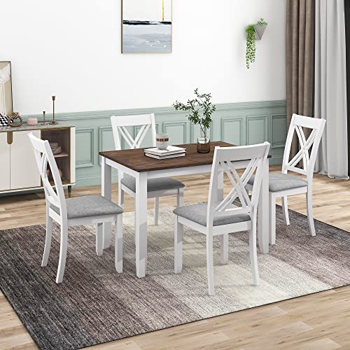 XD Designs Farmhouse 5-Piece Kitchen Dining Table Set, Rustic Rectangular Kitchen Table with 4 Comfortable Upholstered Dining Chairs, Dining Table Set for 4