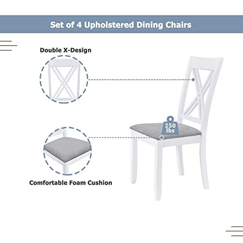 XD Designs Farmhouse 5-Piece Kitchen Dining Table Set, Rustic Rectangular Kitchen Table with 4 Comfortable Upholstered Dining Chairs, Dining Table Set for 4