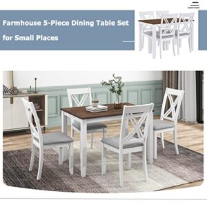 XD Designs Farmhouse 5-Piece Kitchen Dining Table Set, Rustic Rectangular Kitchen Table with 4 Comfortable Upholstered Dining Chairs, Dining Table Set for 4