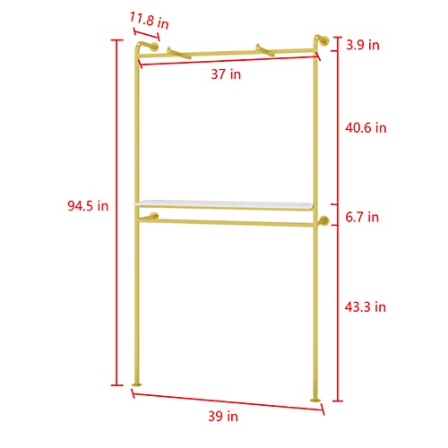 FURVOKIA Creative Wall Mounted 2 Tier Clothes Display Rack,Clothing Retail Store Floor-Standing Garment Rack,Organization Clothing Metal Hanging Rod,Storage Shoes Bags Shelf (39" L, Gold with Wood)