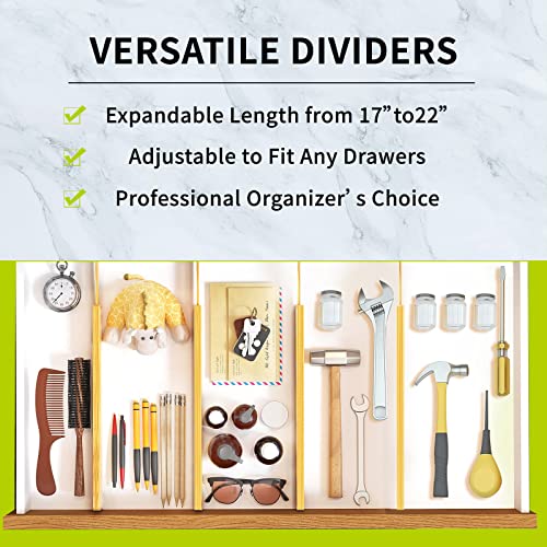 ND NEU DESIGN NeuDesign Bamboo Drawer Dividers - Adjustable and Expandable Organizers for Kitchen, Dresser, Bedroom, Bathroom, Office - Fits Large Drawers 17" to 22" - Pack of 4, Natural