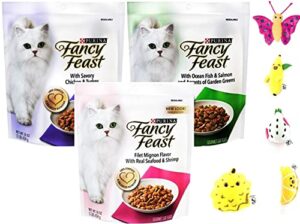 fancy feast gourmet dry cat food (3) flavor variety pack (filet mignon, ocean fish and salmon, chicken and turkey) plus aurora pet catnip toy