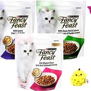 Fancy Feast Gourmet Dry Cat Food (3) Flavor Variety Pack (Filet Mignon, Ocean Fish and Salmon, Chicken and Turkey) Plus Aurora Pet Catnip Toy