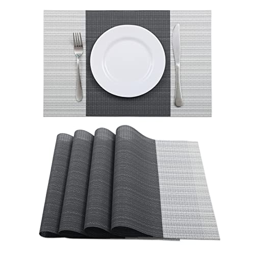 Vinjiasin Placemats Set of 4 for Dining Table Vinyl Woven Placemats Washable Easy to Clean Heat Resistant Durable Table Mats Black/Grey Place Mats for Indoor and Outdoor