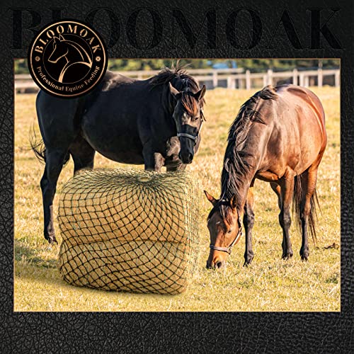 Bloomoak Handwoven Hay Net Feeder for Horses, Durable Soft Black PE 2-String Hay Bales Bags with 1.6" Hole, Fit 36 * 18 * 18 Square Bale Easily (50" Long) (2PCS)