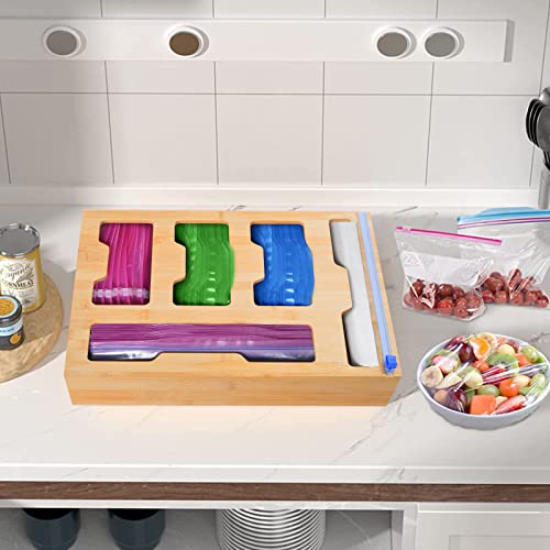 Numola Ziplock Bag Storage Organizer with Wrap Dispenser, Zipper Bag Organizer Compatible with Gallon, Quart, Sandwich, Snack Bags of Most Sizes and Rolls Less Than 12" (1 Box 5 Slots)