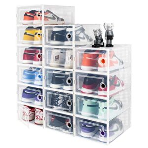 hrrsaki 15 pack shoe organizers storage boxes for closet, clear plastic stackable shoe containers with front opening lids, ventilation and dust-proof, under bed shoe storage for entryway, drop front, cubby, fit for women/men size 9(13” x 9” x 5.5”), white