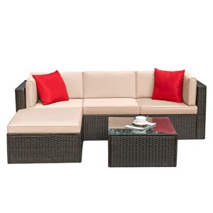 greesum gs-lcrf5-1ot0-1as0-bg 5 pieces patio furniture sets outdoor-indoor sectional wicker rattan sofa with cushions, pillows & glass table, light beige