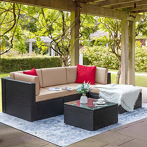 Greesum GS-LCRF5-1OT0-1AS0-BG 5 Pieces Patio Furniture Sets Outdoor-Indoor Sectional Wicker Rattan Sofa with Cushions, Pillows & Glass Table, Light Beige