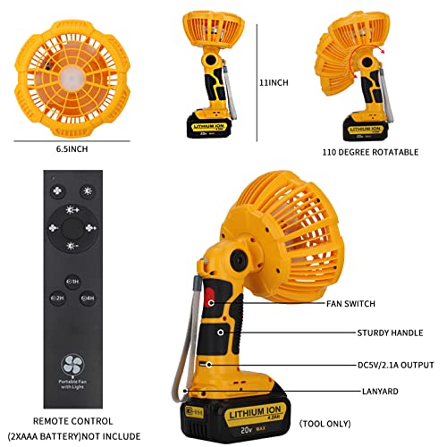 Battery Fan for Dewalt 20v Max Battery,Portable Jobsite Fan with 3 Energy Efficient Speed Settings and 300LM Led Work Light，Battery Operated Fan for Bedroom Home Camping Tent Office (Tool Only)