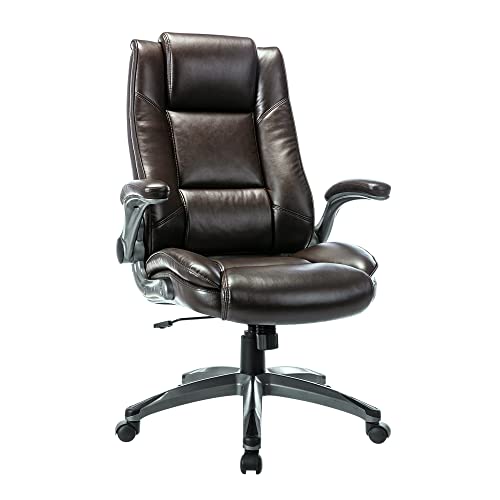 COLAMY Office Chair High Back Leather Desk Chair, Flip-up Arms Adjustable Swivel Executive Chair Thick Padding for Comfort and Ergonomic Design for Home Office, Brown