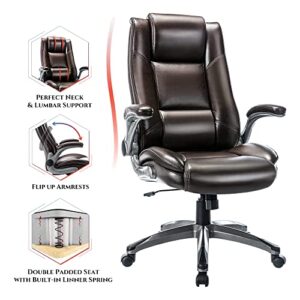 COLAMY Office Chair High Back Leather Desk Chair, Flip-up Arms Adjustable Swivel Executive Chair Thick Padding for Comfort and Ergonomic Design for Home Office, Brown