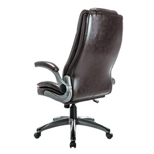 COLAMY Office Chair High Back Leather Desk Chair, Flip-up Arms Adjustable Swivel Executive Chair Thick Padding for Comfort and Ergonomic Design for Home Office, Brown