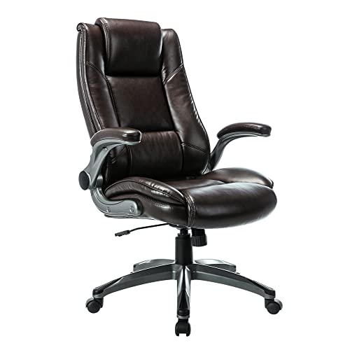 COLAMY Office Chair High Back Leather Desk Chair, Flip-up Arms Adjustable Swivel Executive Chair Thick Padding for Comfort and Ergonomic Design for Home Office, Brown