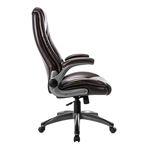 COLAMY Office Chair High Back Leather Desk Chair, Flip-up Arms Adjustable Swivel Executive Chair Thick Padding for Comfort and Ergonomic Design for Home Office, Brown