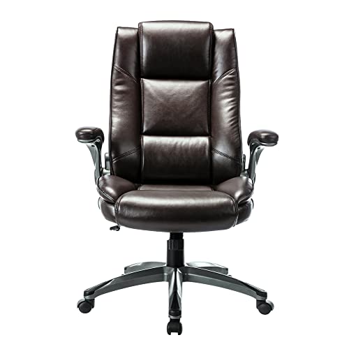 COLAMY Office Chair High Back Leather Desk Chair, Flip-up Arms Adjustable Swivel Executive Chair Thick Padding for Comfort and Ergonomic Design for Home Office, Brown