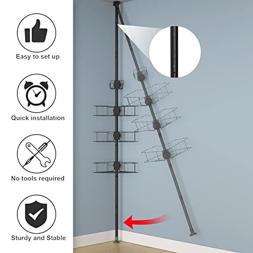 SANDEGOO Corner Shower Caddy Tension Pole,Black 4 Tier Adjustable Shower racks for inside Shelves Bathroom Bathtub Shampoo Holder Organizer Storage Rack, Rustproof Stainless Steel Shower 40-120 inch