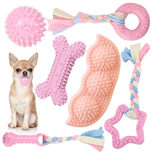 Petcare 6 Pack Puppy Toys for Teething Small Dogs Cute Pink Pet Dog Chew Toys for Puppies Soft Rubber Funny Bone Ball Donut Indoor Outdoor Anxiety Relief Cleaning Teeth Interactive Doggy Toy Set