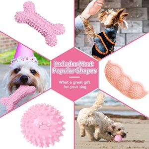 Petcare 6 Pack Puppy Toys for Teething Small Dogs Cute Pink Pet Dog Chew Toys for Puppies Soft Rubber Funny Bone Ball Donut Indoor Outdoor Anxiety Relief Cleaning Teeth Interactive Doggy Toy Set