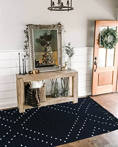 Boho Area Rug 4'x6' Woven Black Rugs Cotton Moroccan Geometric Chic Bohemian Indoor Outdoor Rug Farmhouse Throw Rug Washable Floor Carpet for Entry Mat Living Room Bedroom Patio Decor