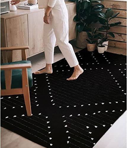 Boho Area Rug 4'x6' Woven Black Rugs Cotton Moroccan Geometric Chic Bohemian Indoor Outdoor Rug Farmhouse Throw Rug Washable Floor Carpet for Entry Mat Living Room Bedroom Patio Decor