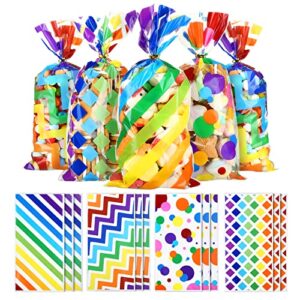 kesote rainbow cellophane treat bags, 100 pieces printed plastic gift goodie candy treat bags with ties for summer kids birthday party favor supplies