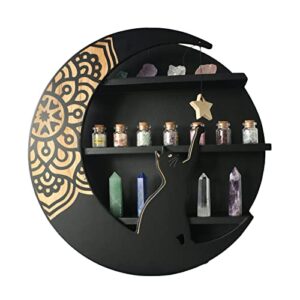 natural wood round wall shelf with star moon and cute cat,unique decorative floating shelf for crystals, stones. easy install for bedroom, living room and kids room. 12 x 12 x 3.5 in (matte black)