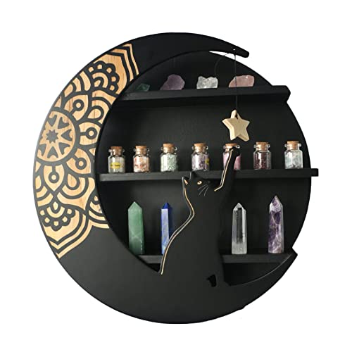 Natural Wood Round Wall Shelf With Star Moon And Cute Cat,Unique Decorative Floating Shelf For Crystals, Stones. Easy Install For Bedroom, Living Room And Kids Room. 12 x 12 x 3.5 in (Matte Black)