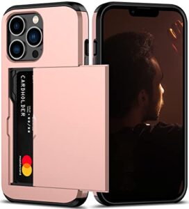 nvollnoe for iphone 13 pro case with card holder heavy duty protective dual layer shockproof hidden card slot slim wallet case for iphone 13 pro for men&women(rose gold)