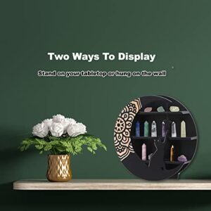 Natural Wood Round Wall Shelf With Star Moon And Cute Cat,Unique Decorative Floating Shelf For Crystals, Stones. Easy Install For Bedroom, Living Room And Kids Room. 12 x 12 x 3.5 in (Matte Black)