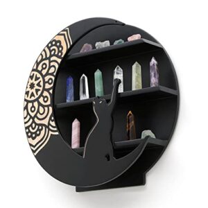 Natural Wood Round Wall Shelf With Star Moon And Cute Cat,Unique Decorative Floating Shelf For Crystals, Stones. Easy Install For Bedroom, Living Room And Kids Room. 12 x 12 x 3.5 in (Matte Black)