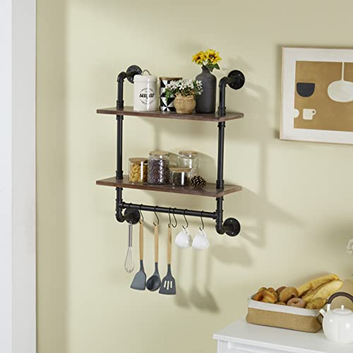 Pipe Floating Shelves, Industrial Pipe Shelves 2 Tier Wall Shelf Wall Mounted Bookcase, Metal Bracket with Rustic Wood Planks for Farmhouse, Laundry Room, Bathroom, Kitchen, Living Room - 30 Inch