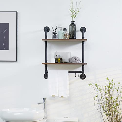 Pipe Floating Shelves, Industrial Pipe Shelves 2 Tier Wall Shelf Wall Mounted Bookcase, Metal Bracket with Rustic Wood Planks for Farmhouse, Laundry Room, Bathroom, Kitchen, Living Room - 30 Inch