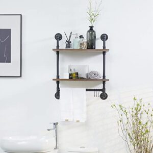 Pipe Floating Shelves, Industrial Pipe Shelves 2 Tier Wall Shelf Wall Mounted Bookcase, Metal Bracket with Rustic Wood Planks for Farmhouse, Laundry Room, Bathroom, Kitchen, Living Room - 30 Inch