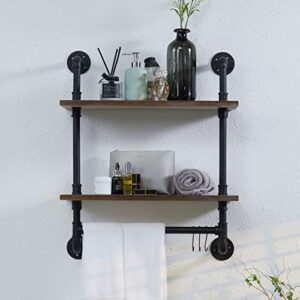 Pipe Floating Shelves, Industrial Pipe Shelves 2 Tier Wall Shelf Wall Mounted Bookcase, Metal Bracket with Rustic Wood Planks for Farmhouse, Laundry Room, Bathroom, Kitchen, Living Room - 30 Inch