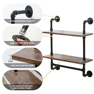 Pipe Floating Shelves, Industrial Pipe Shelves 2 Tier Wall Shelf Wall Mounted Bookcase, Metal Bracket with Rustic Wood Planks for Farmhouse, Laundry Room, Bathroom, Kitchen, Living Room - 30 Inch