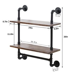 Pipe Floating Shelves, Industrial Pipe Shelves 2 Tier Wall Shelf Wall Mounted Bookcase, Metal Bracket with Rustic Wood Planks for Farmhouse, Laundry Room, Bathroom, Kitchen, Living Room - 30 Inch